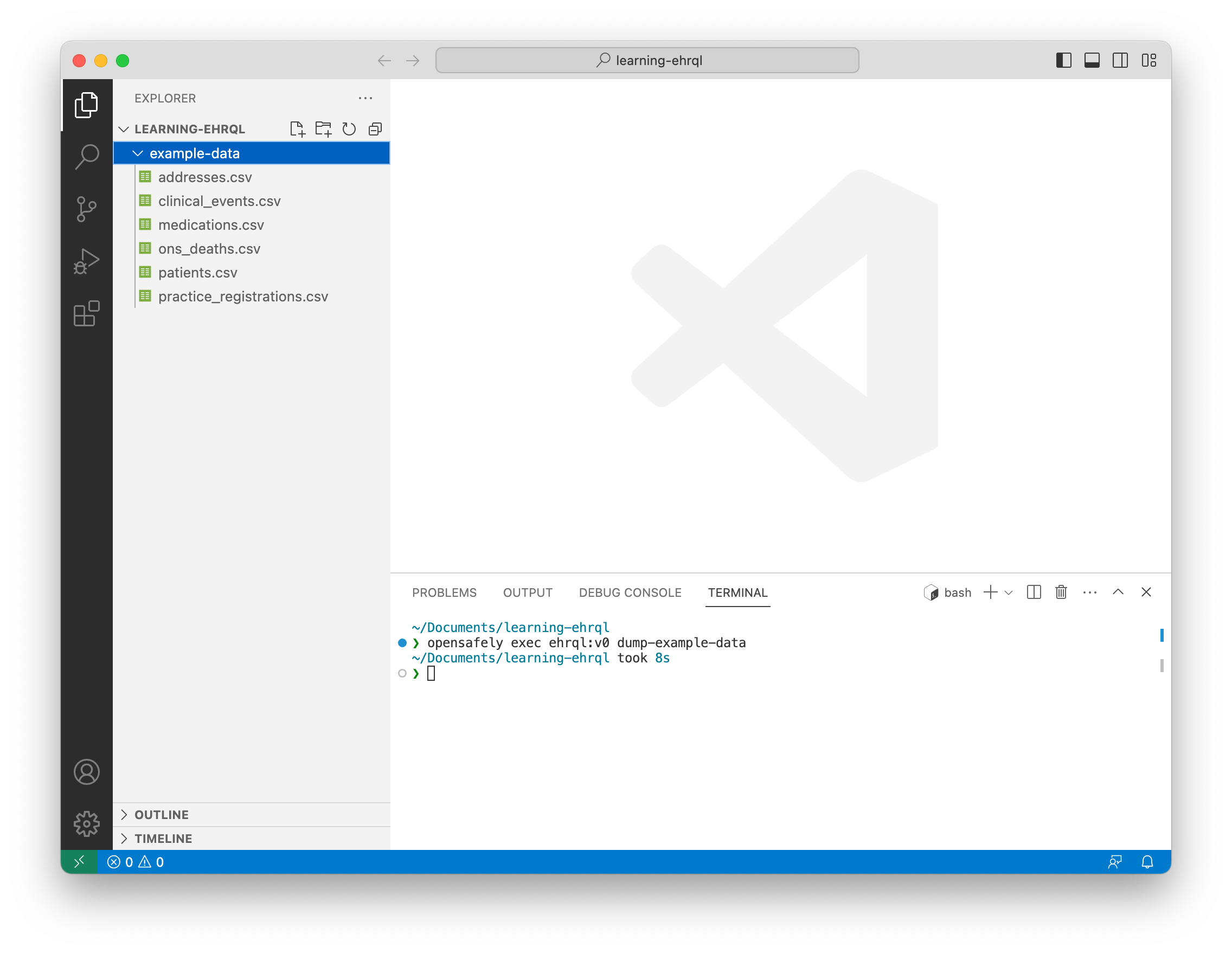 A screenshot of VS Code, showing the learning-ehrql and example-data folders in the explorer