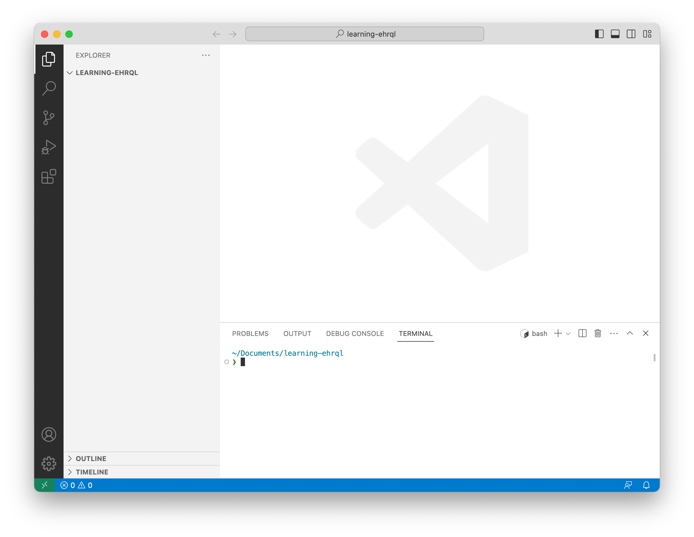 A screenshot of VS Code, showing the learning-ehrql folder in the explorer